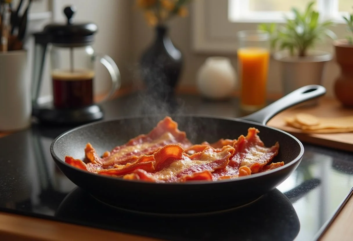 Bacon crocante crepitando em uma frigideira para o café da manhã dos americanos.