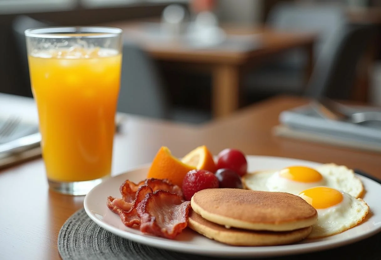 Mesa completa de café da manhã americano com suco de laranja e vários pratos.