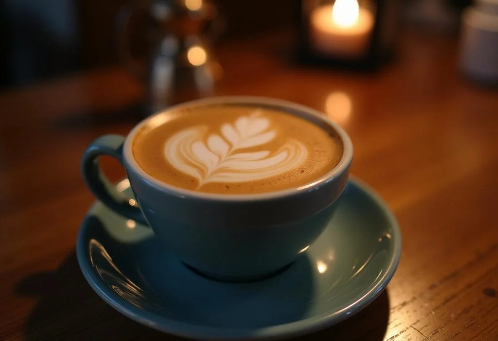 Copo para café com arte em latte finalizado, ideal para desfrutar do café em um ambiente aconchegante.