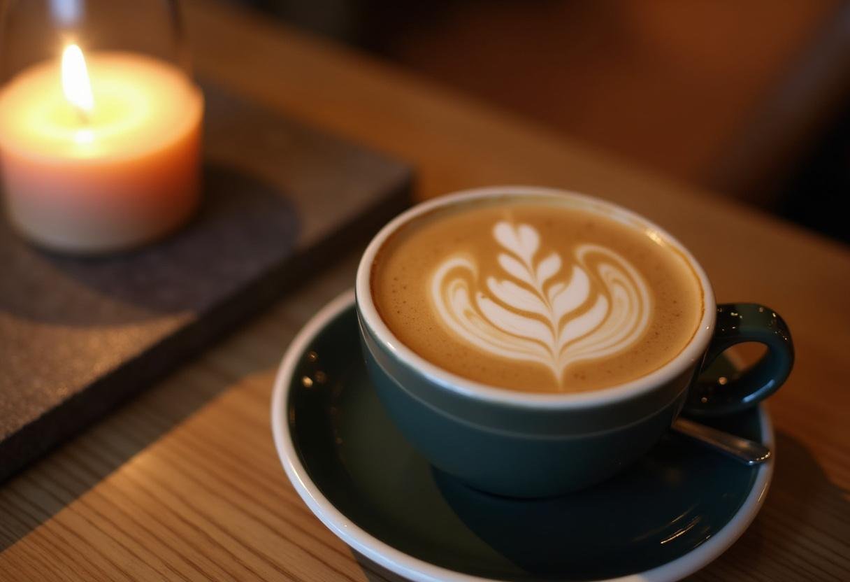 Copo para café com arte em latte finalizado, ideal para desfrutar do café em um ambiente aconchegante.