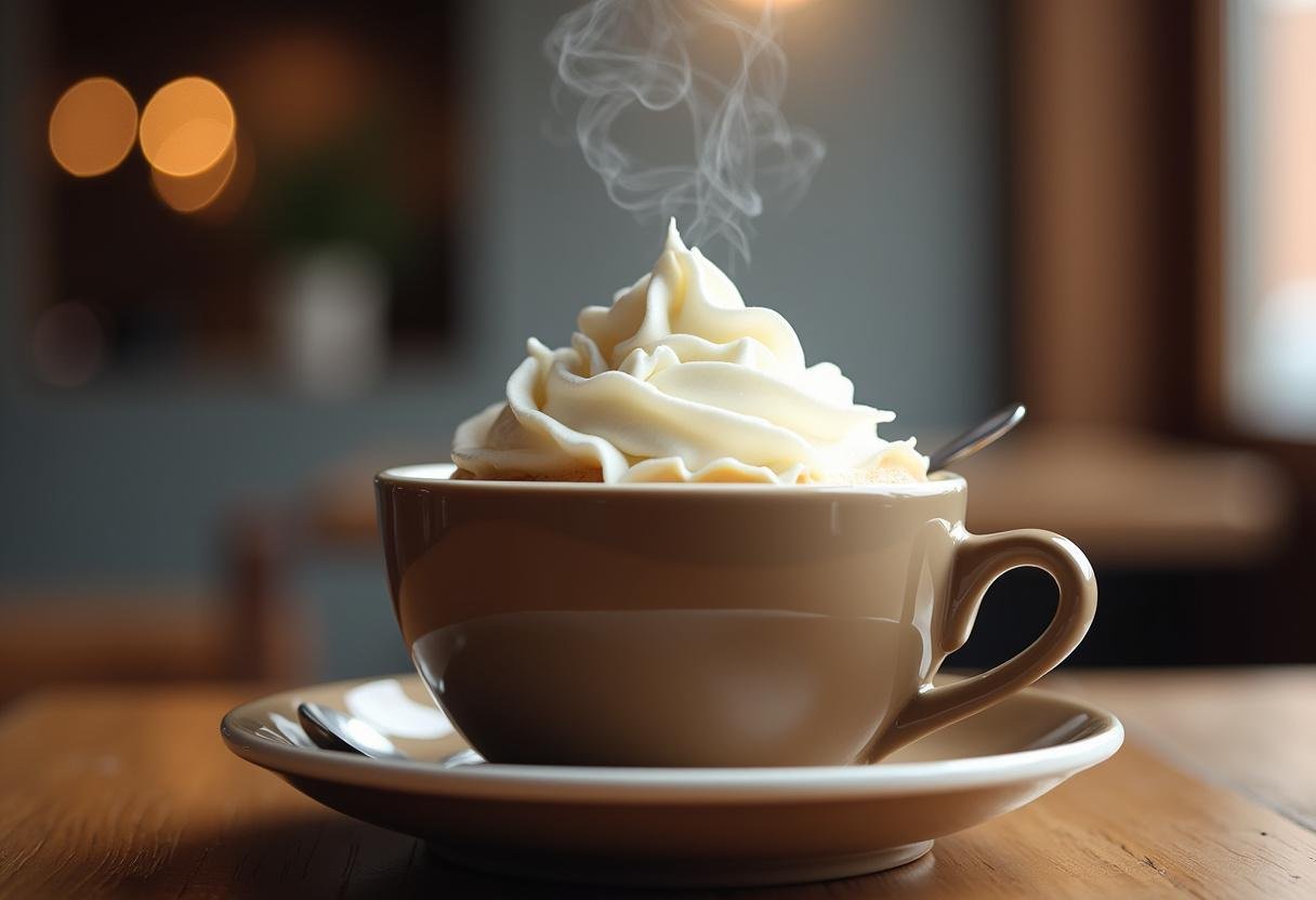 Caneca café sendo coberta com creme de leite, proporcionando um toque de suavidade ao café americano.