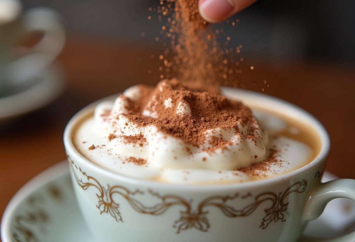 Copo de café com cacau polvilhado, adicionando um toque visual e saboroso ao café americano.