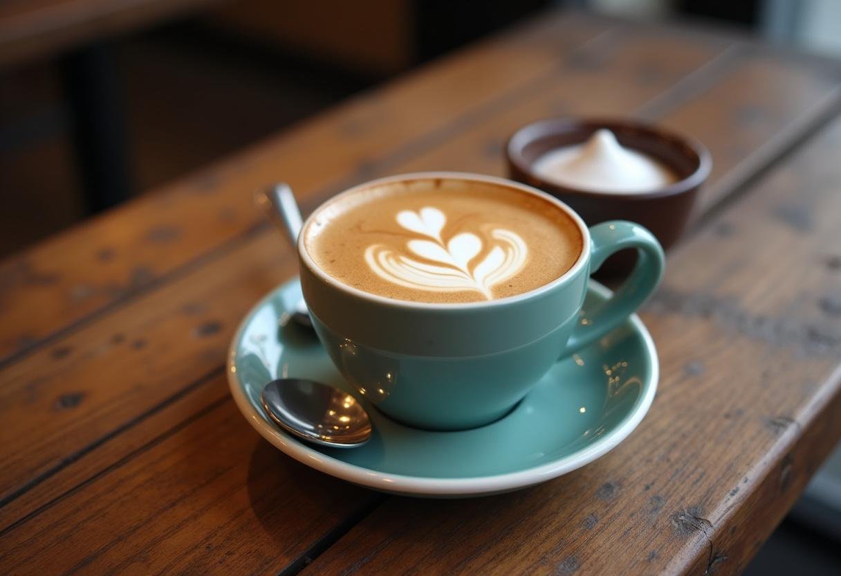 Copo termico café apresentado em uma mesa rústica, perfeito para saborear momentos de café.