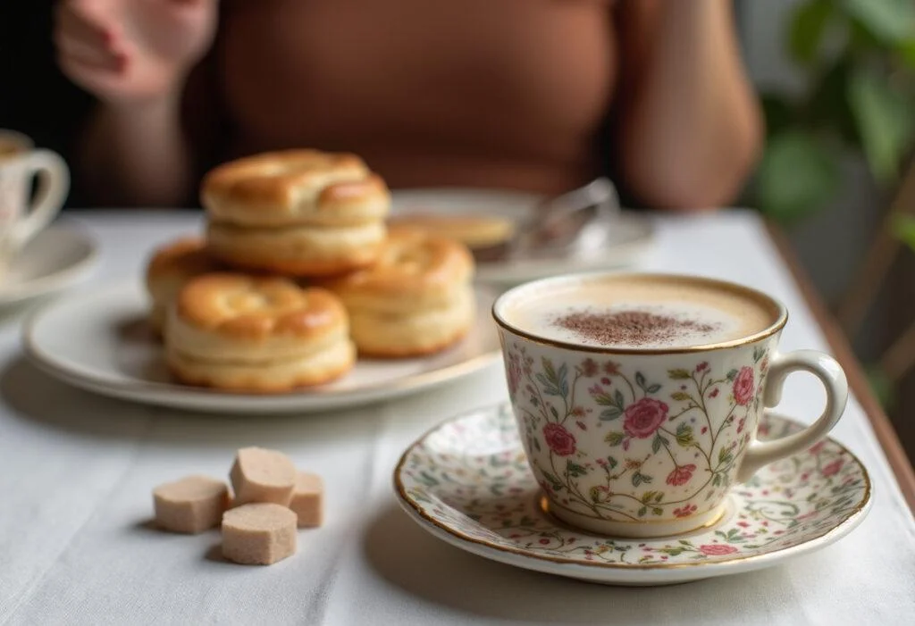 Café em xícara decorada com bolinhos e açúcar, perfeito para servir.
