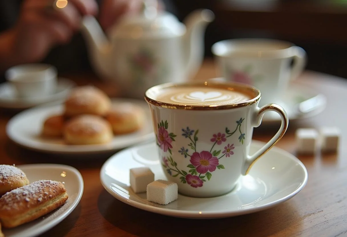 Café em xícara decorada com bolinhos e açúcar, perfeito para servir.