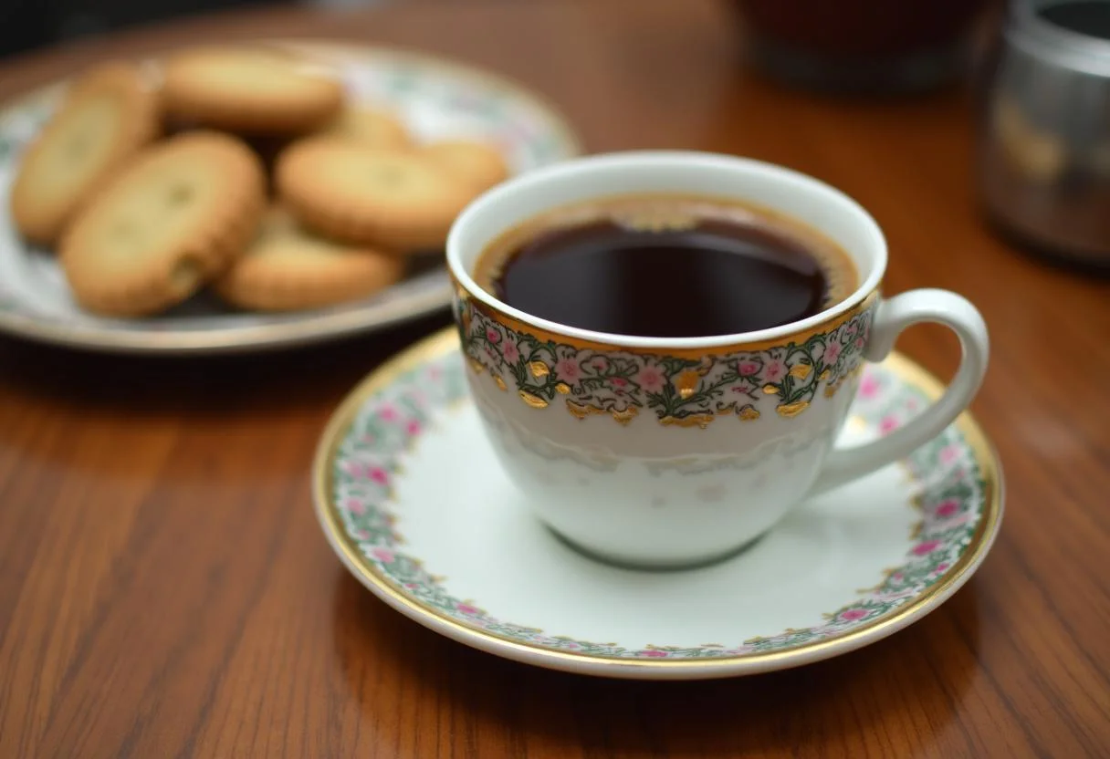 Xícara de café decorada com biscoitos ao redor para o Café em Xicara Decorada.