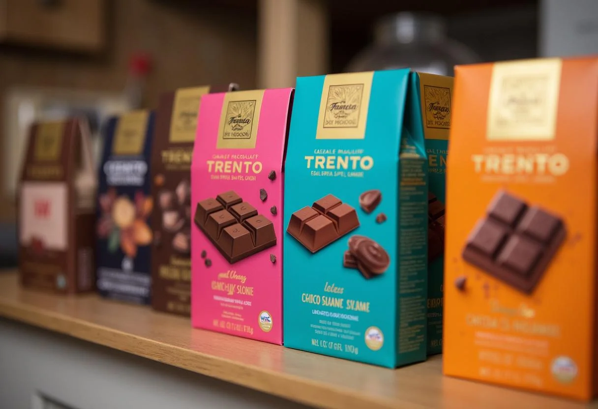 Exibição de barras de chocolate da Caixa de Chocolate Trento em uma bancada de cozinha.