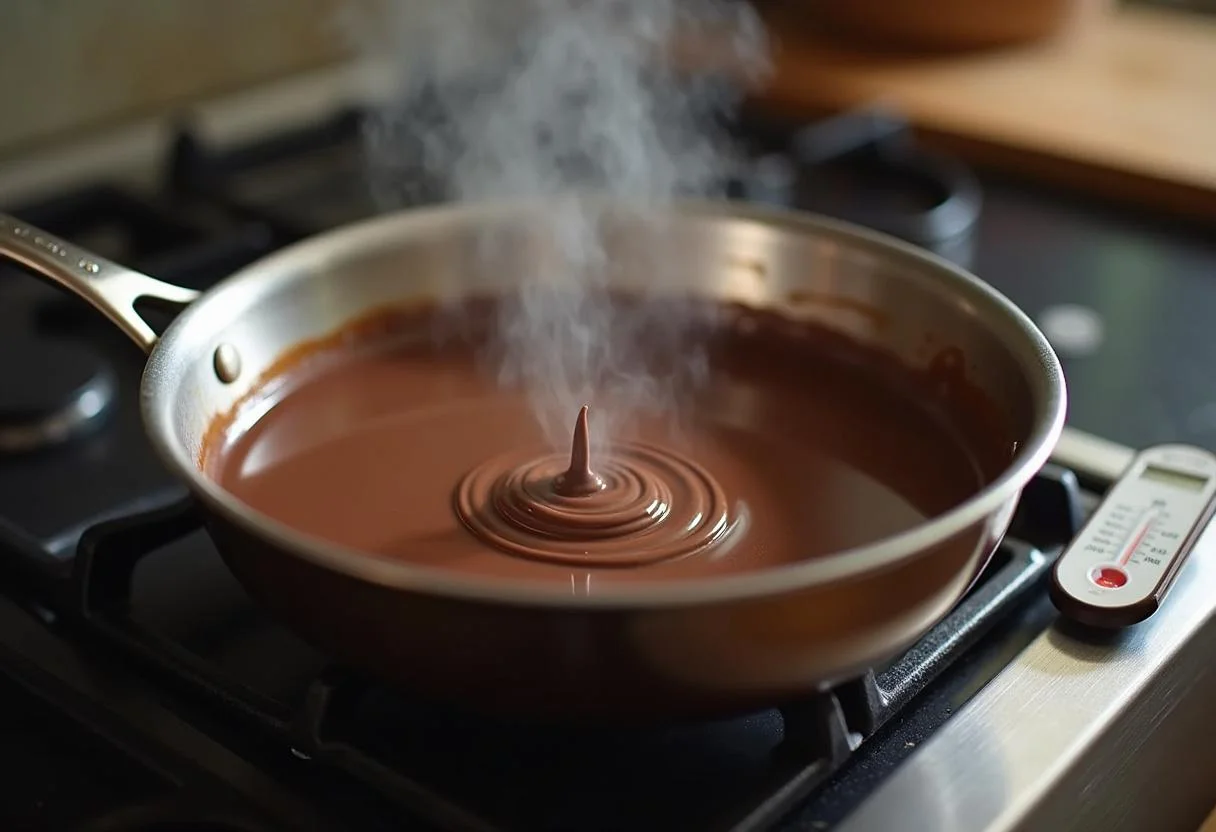 Chocolate derretendo em uma panela para a Caixa de Chocolate Trento.