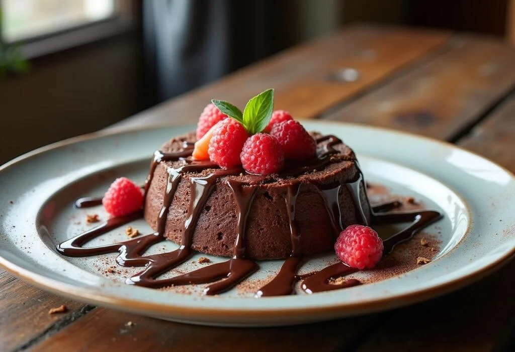 Delicious canudo de chocolate served with chocolate sauce and fruits, perfect for dessert.