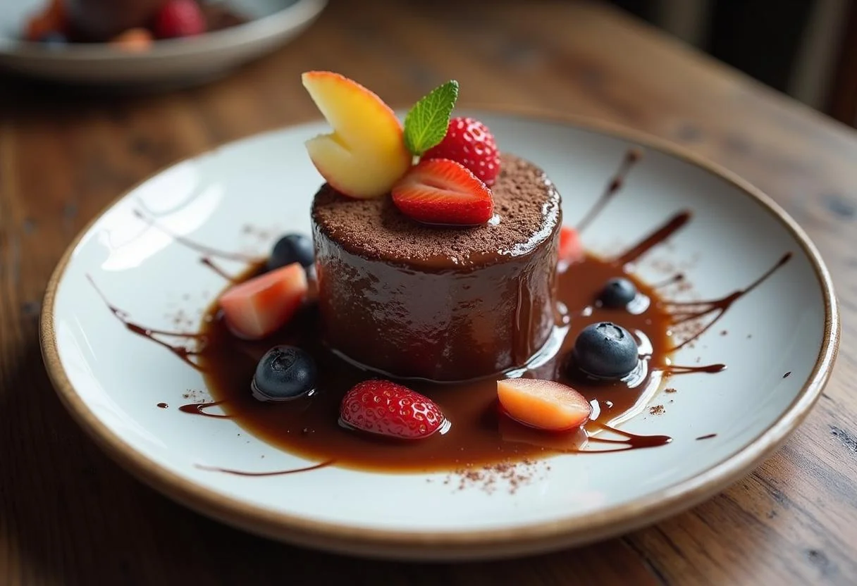 Delicioso canudo de chocolate servido com calda de chocolate e frutas, perfeito para sobremesa.