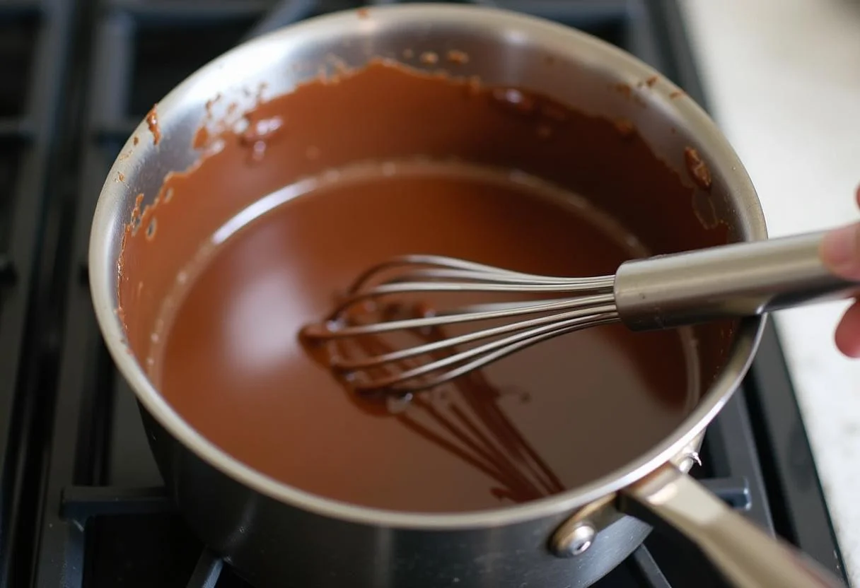 Mistura de chocolate derretido e creme sendo preparada para o recheio do canudo de chocolate.