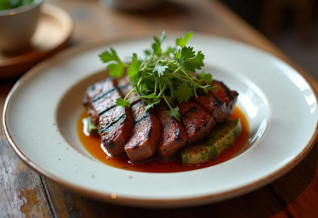Carne na grelha perfeitamente assada com chimichurri, ideal para churrasco.