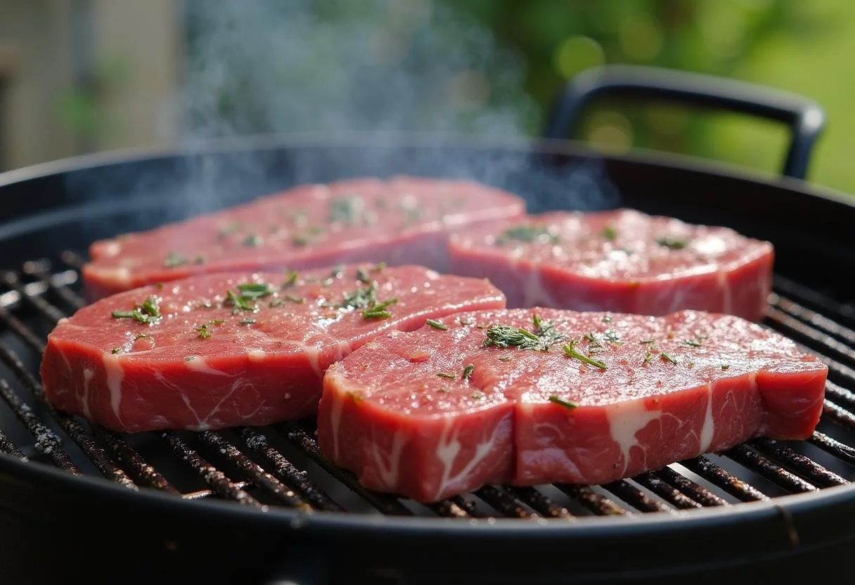 Carne para grelha marinada e temperada pronta para o churrasco.