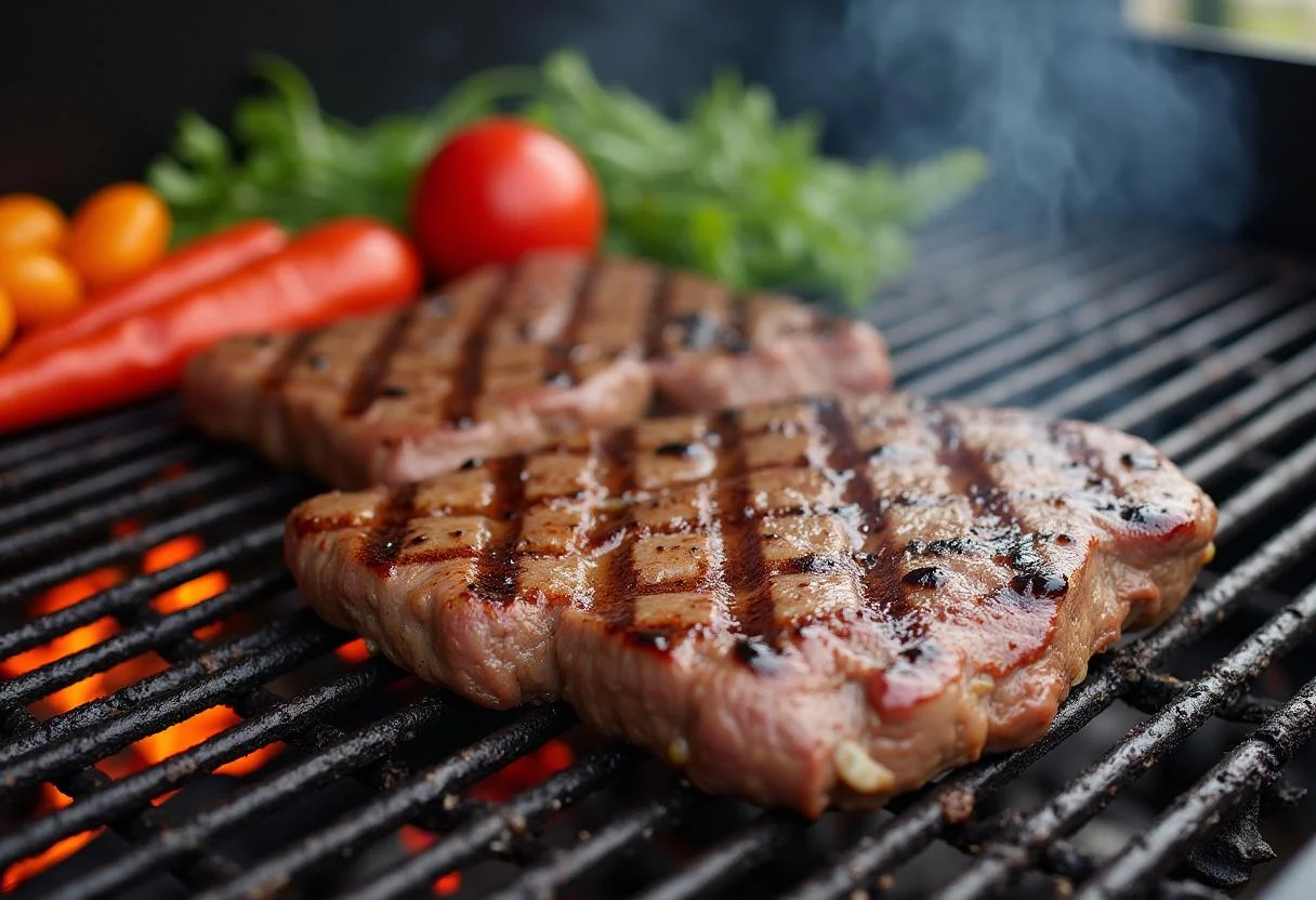 Carne na grelha sendo assada para um delicioso churrasco com vegetais.