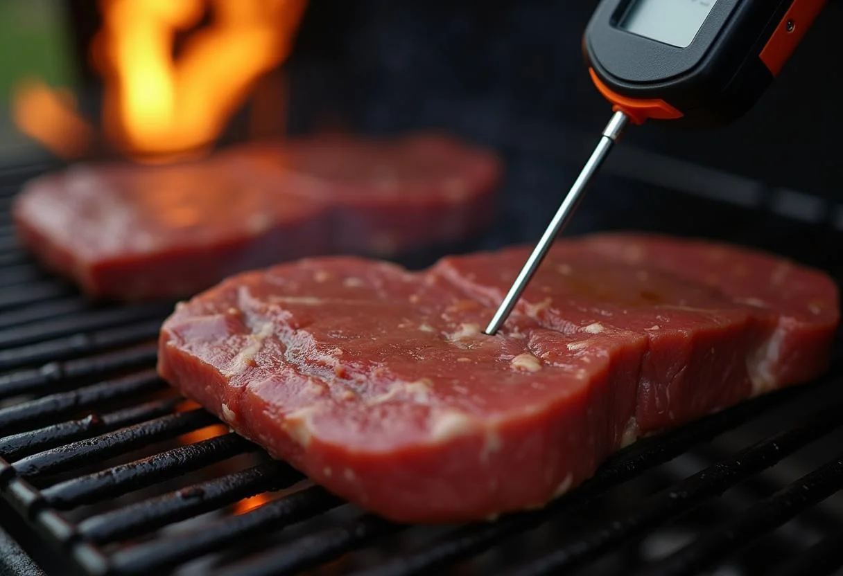 Verificação da temperatura da carne na grelha para churrasco perfeito.