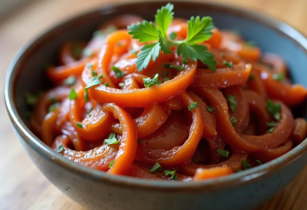 Cebola roxa caramelizada agridoce pronta para servir, ideal para acompanhar refeições.
