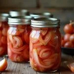 Cebolas em conserva servidas em potes abertos em uma mesa rústica, prontas para degustação.