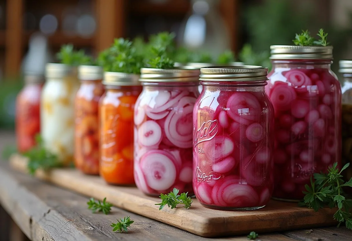 Cebolas em conserva servidas em potes abertos em uma mesa rústica, prontas para degustação.