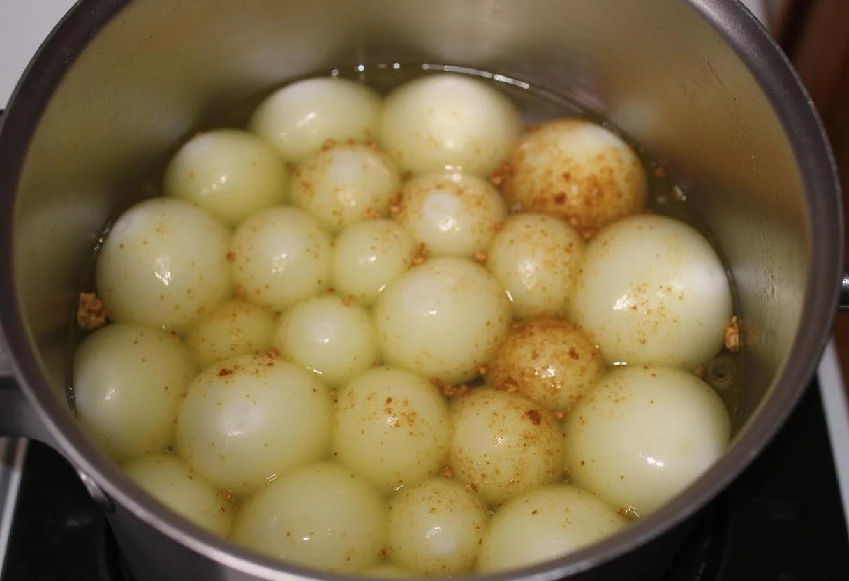Mistura de vinagre e especiarias cozinhando para conservar cebolas em um pote no fogão.