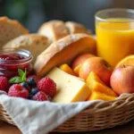Cesta de café da manhã simples e barata, pronta para servir em uma celebração de aniversário ou dia das mães.