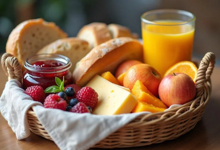 Cesta de café da manhã simples e barata, pronta para servir em uma celebração de aniversário ou dia das mães.