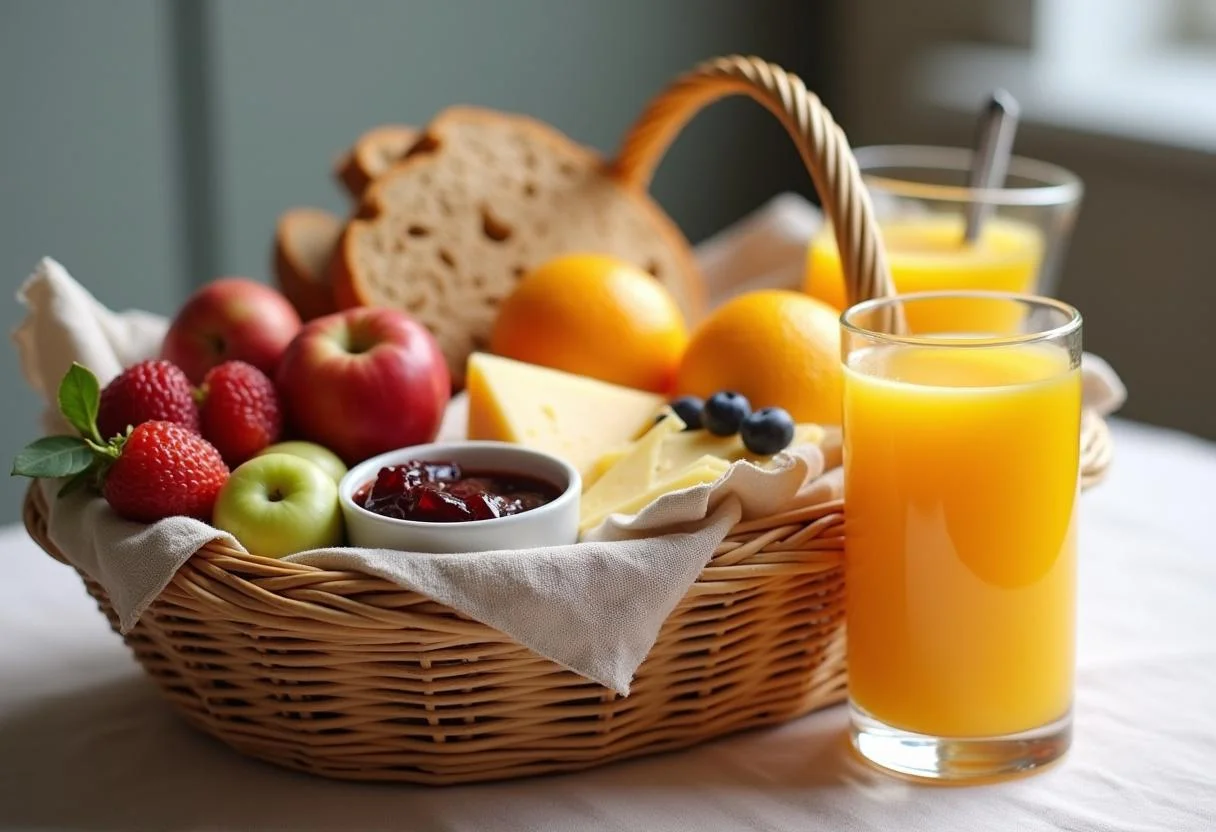 Cesta de café da manhã simples e barata, pronta para servir em uma celebração de aniversário ou dia das mães.