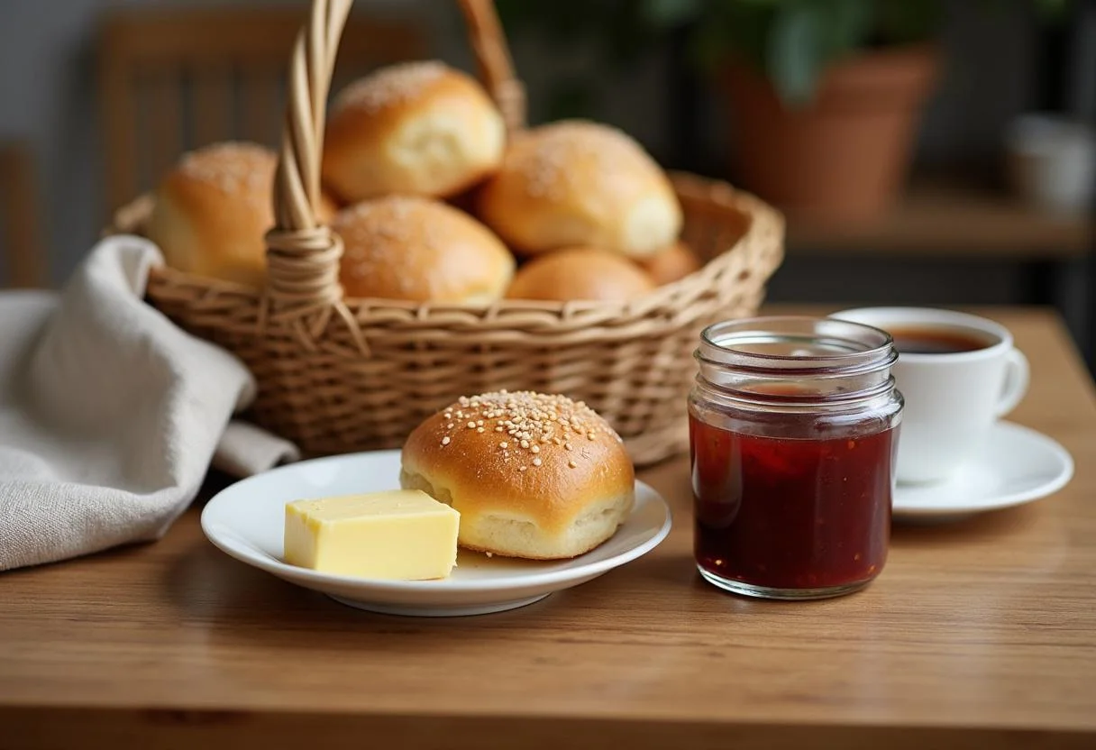 Cesta de café da manhã com pães frescos, manteiga e geleia para elaborar uma cesta café da manhã simples e barata.