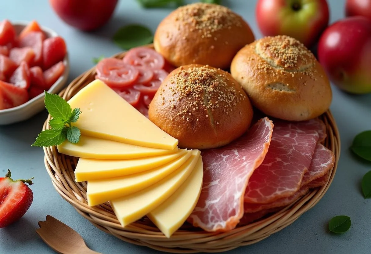 Colocando queijo e frios em uma cesta de café da manhã simples para aniversários e ocasiões especiais.