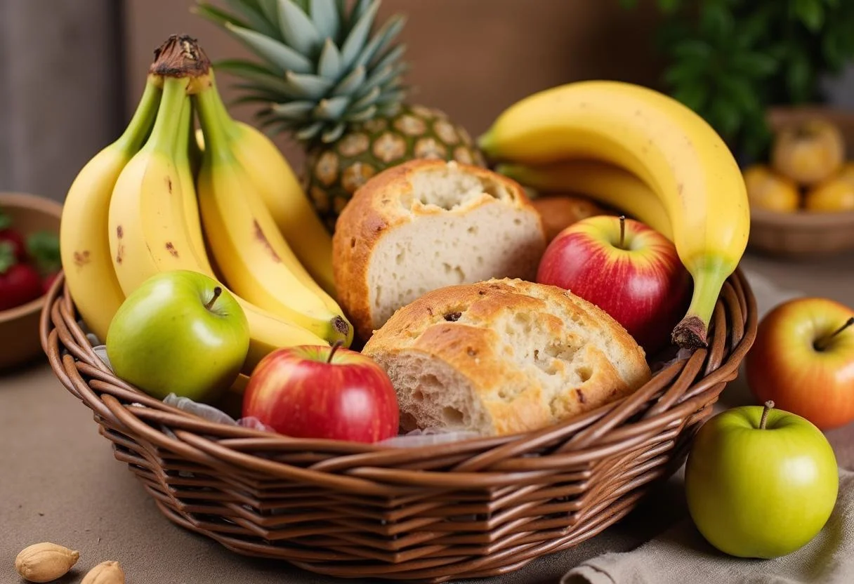 Frutas frescas sendo organizadas em uma cesta de café da manhã simples, ideal para um café da manhã de aniversário.