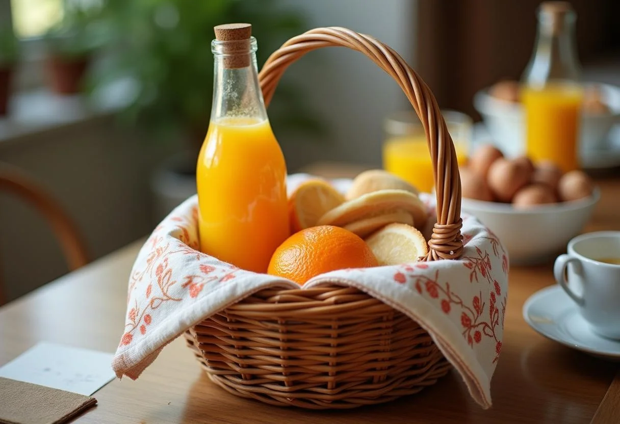 Cesta de café da manhã finalizada com suco de laranja e um guardanapo decorativo, perfeita para o dia das mães.