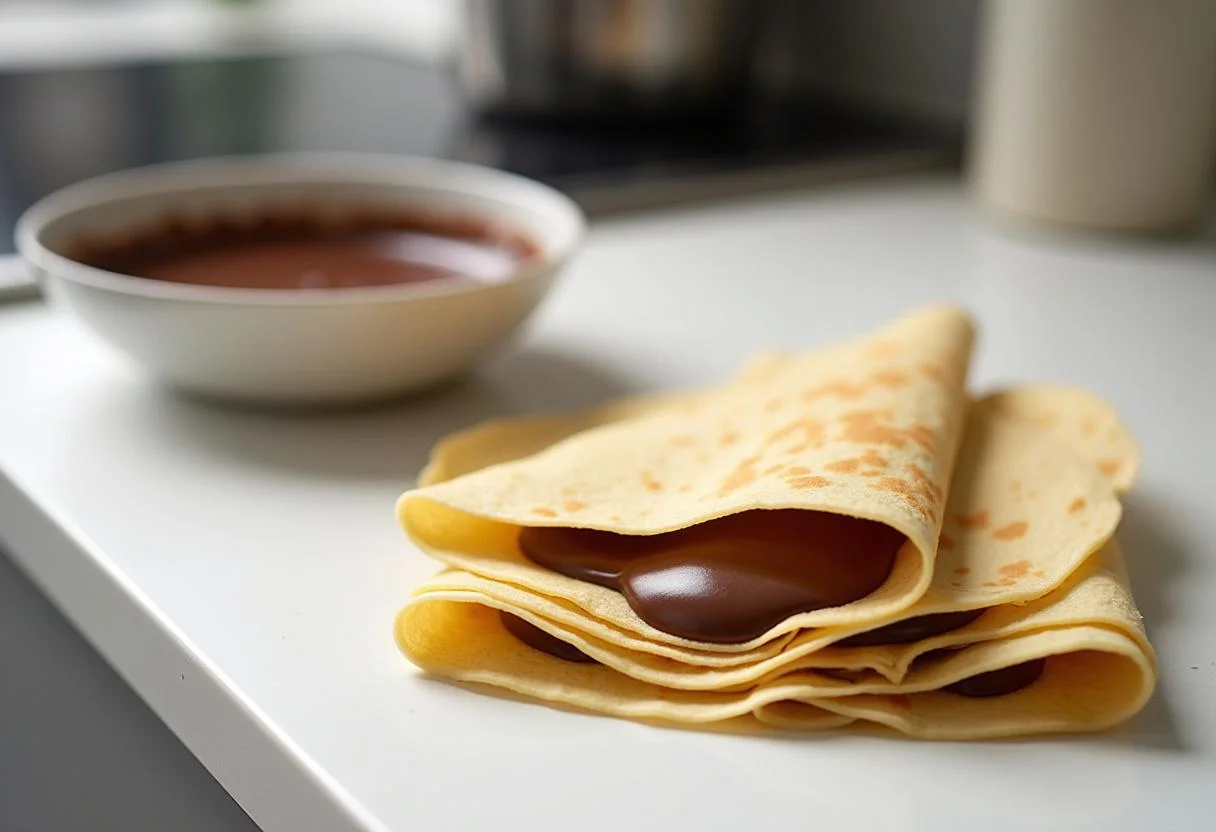 Preparação de crepes para charuto de chocolate em uma bancada de cozinha.