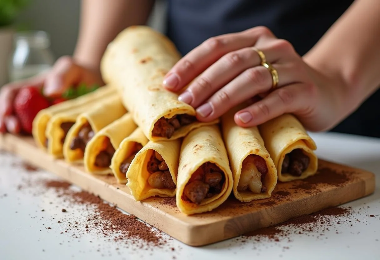 Crepes sendo enrolados para formar charuto de chocolate, decorados com raspas de chocolate.