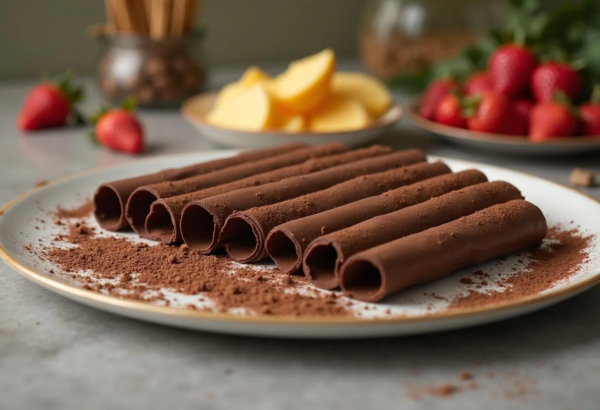 Charuto de chocolate pronto para ser decorado em um prato de festa.