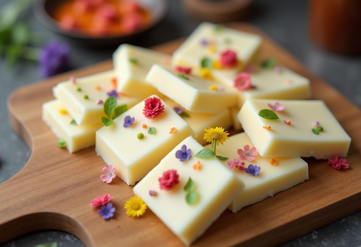 Sobremesa finalizada de chocolate branco nobre, elegantemente apresentada em uma tábua de servir.
