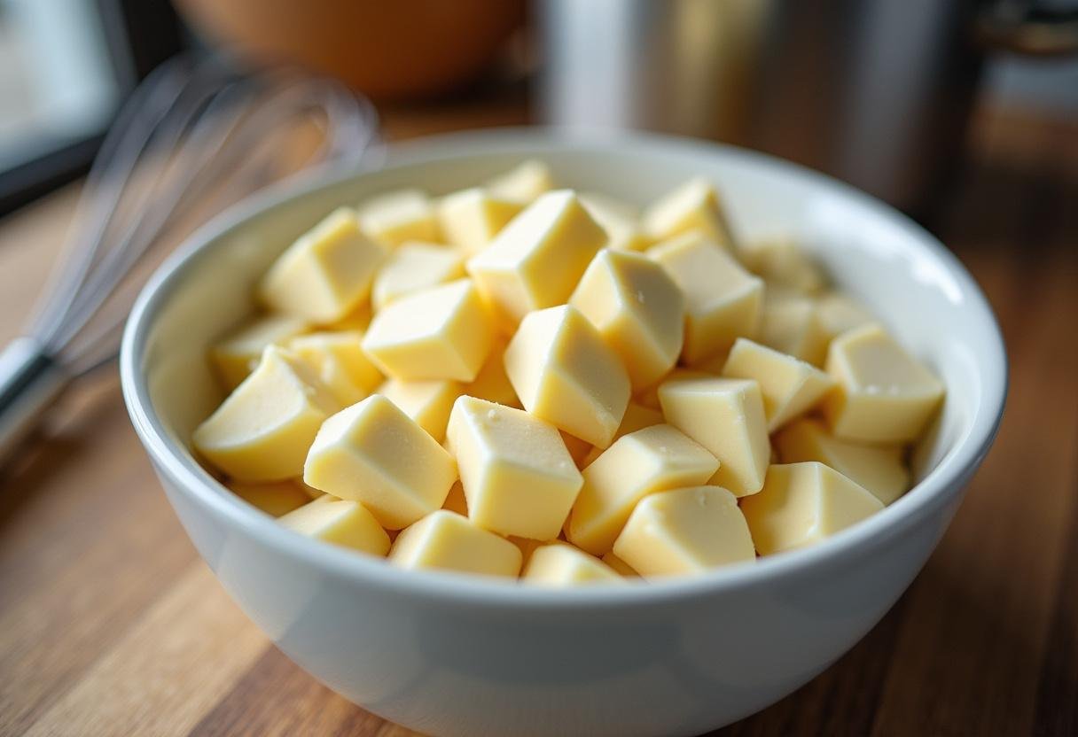 Chocolate branco nobre em pedaços em uma tigela pronto para ser derretido para a sobremesa.