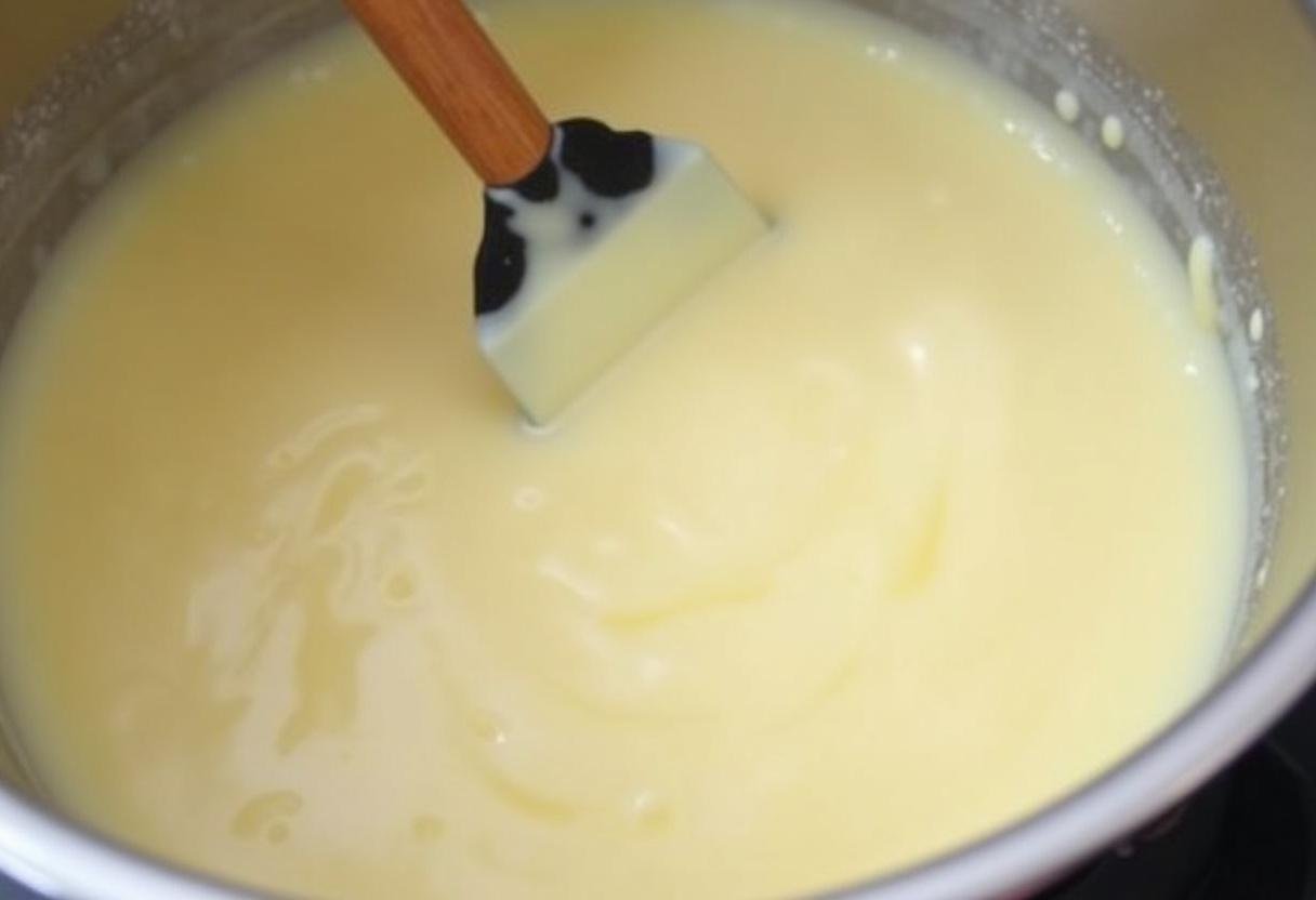 Mexendo chocolate branco nobre derretido para obter uma consistência suave.
