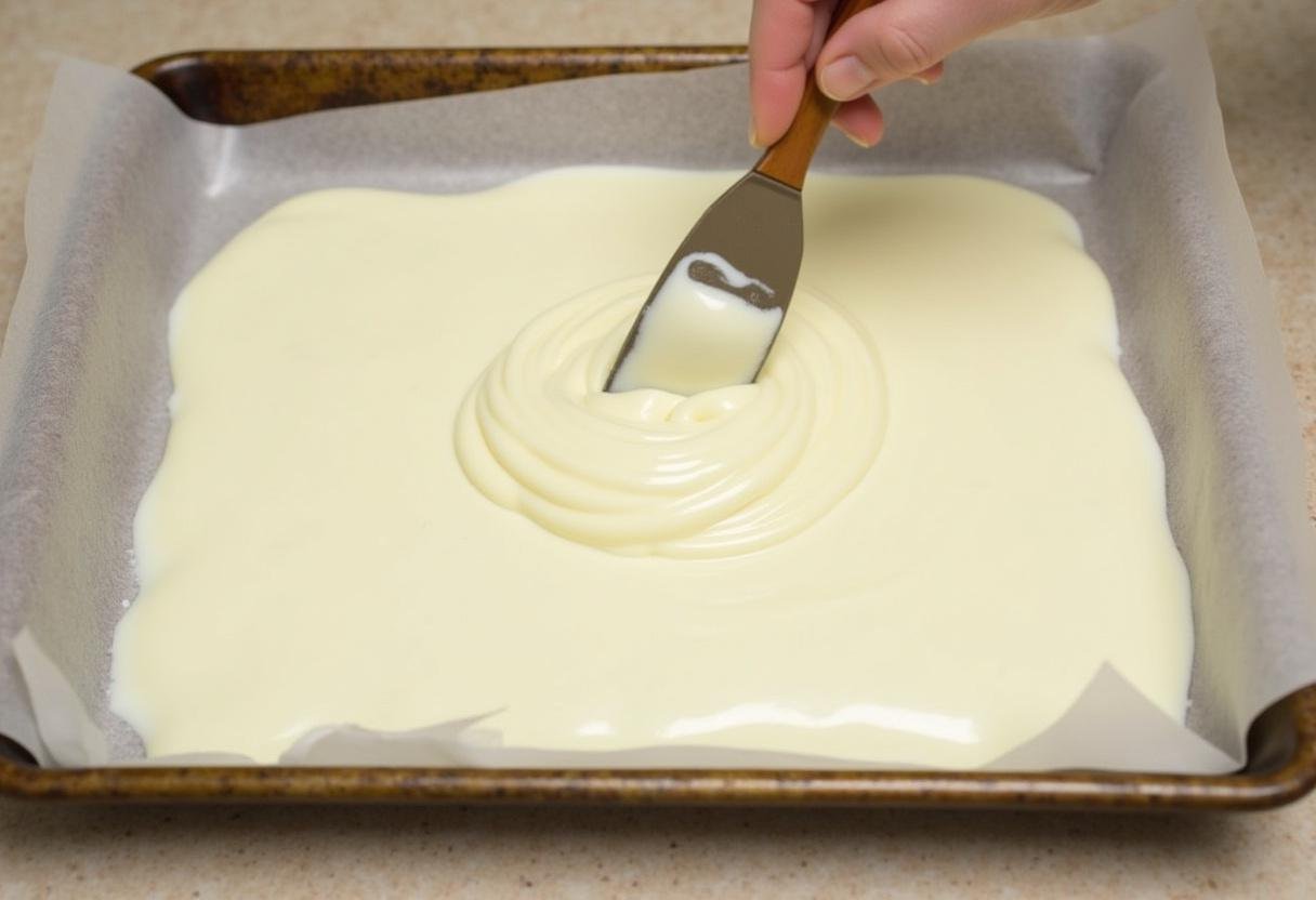 Despejando chocolate branco nobre derretido em uma assadeira para resfriamento e endurecimento.