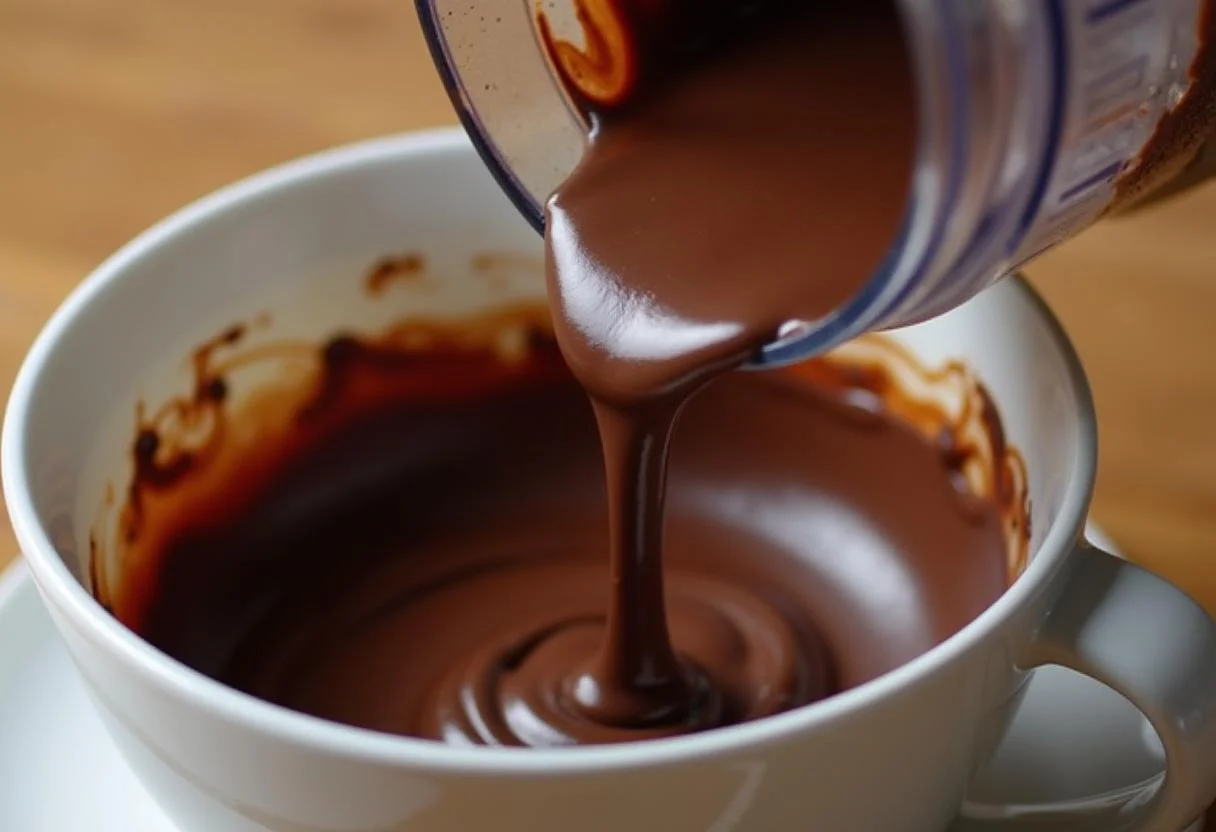 Ganache de chocolate sendo misturada para cobrir o Franui Chocolate Framboesa.