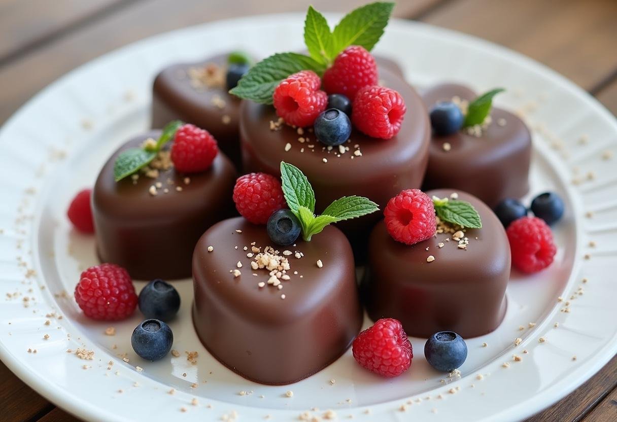 Chocolate vegano saudável decorado com frutas frescas, ideal para uma vida saudável.