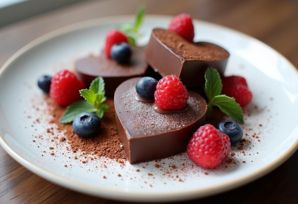 Chocolate vegano saudável decorado com frutas frescas, ideal para uma vida saudável.
