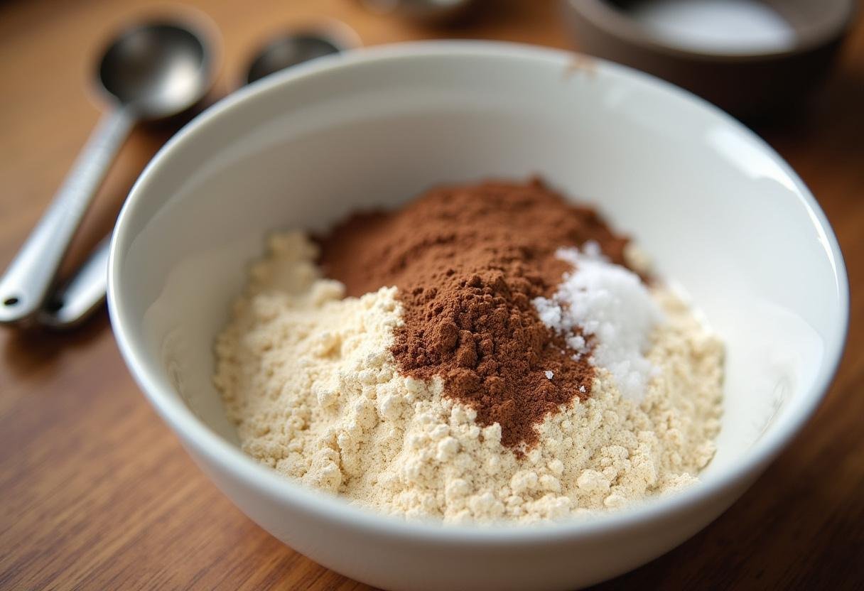 Mistura de farinha de amêndoas e chocolate saudável em uma tigela para receita de Chocolate Life Saudavel Vegano.