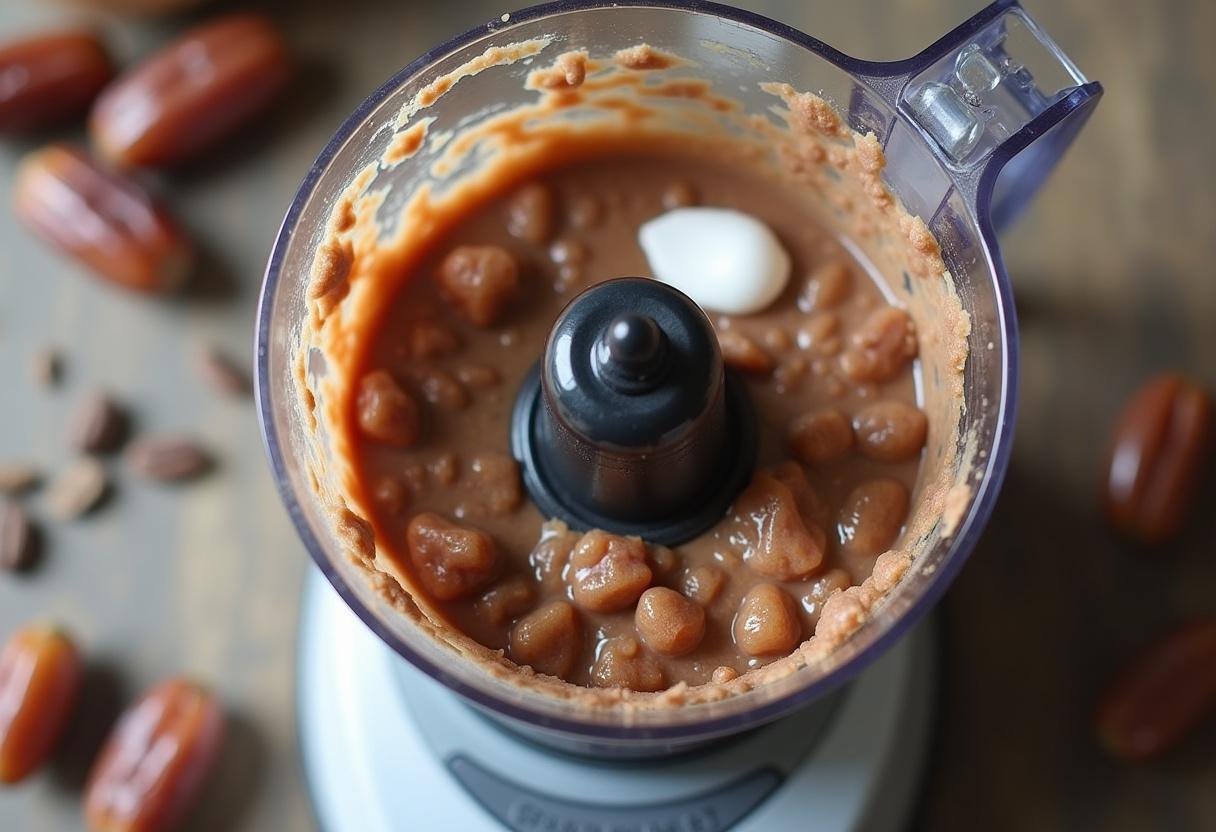 Mistura de tâmaras e óleo de coco sendo processada para preparar chocolate vegano saudável.