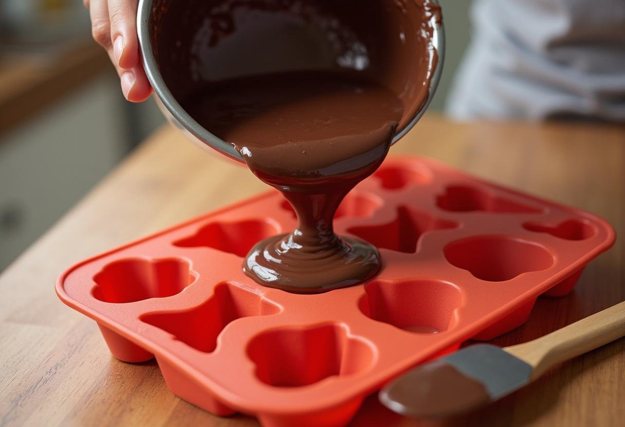 Massa de chocolate fitness sendo colocada em formas de silicone para Chocolate Life Saudavel Vegano.