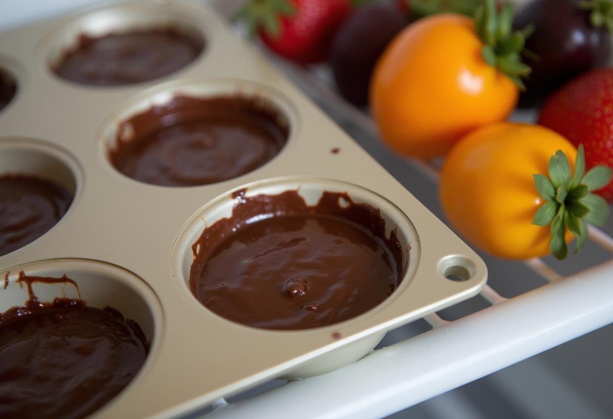 Forma de chocolate saudável sendo colocada na geladeira para firmar.