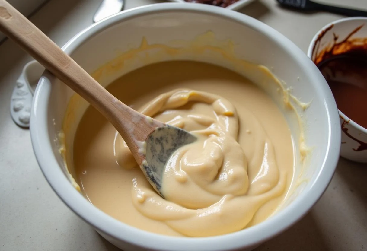 Mistura do chocolate língua de gato caseiro sendo mexida na tigela.
