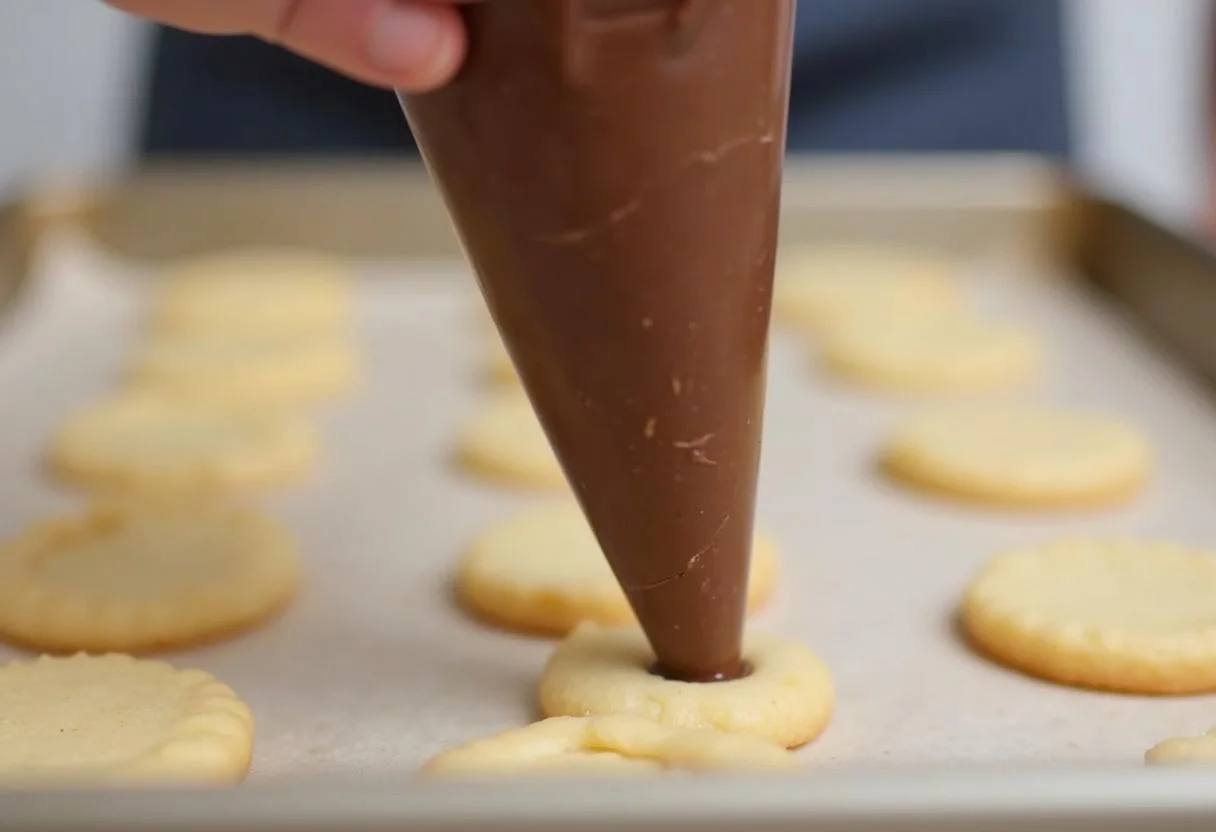 Bolsinha de confeitar preparada para formar os biscoitos língua de gato de chocolate.
