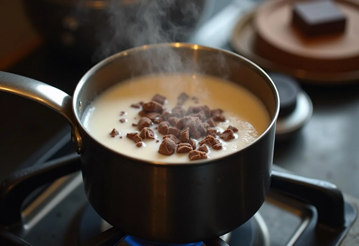 A saucepan with heating milk for making chocolate daim hot chocolate.