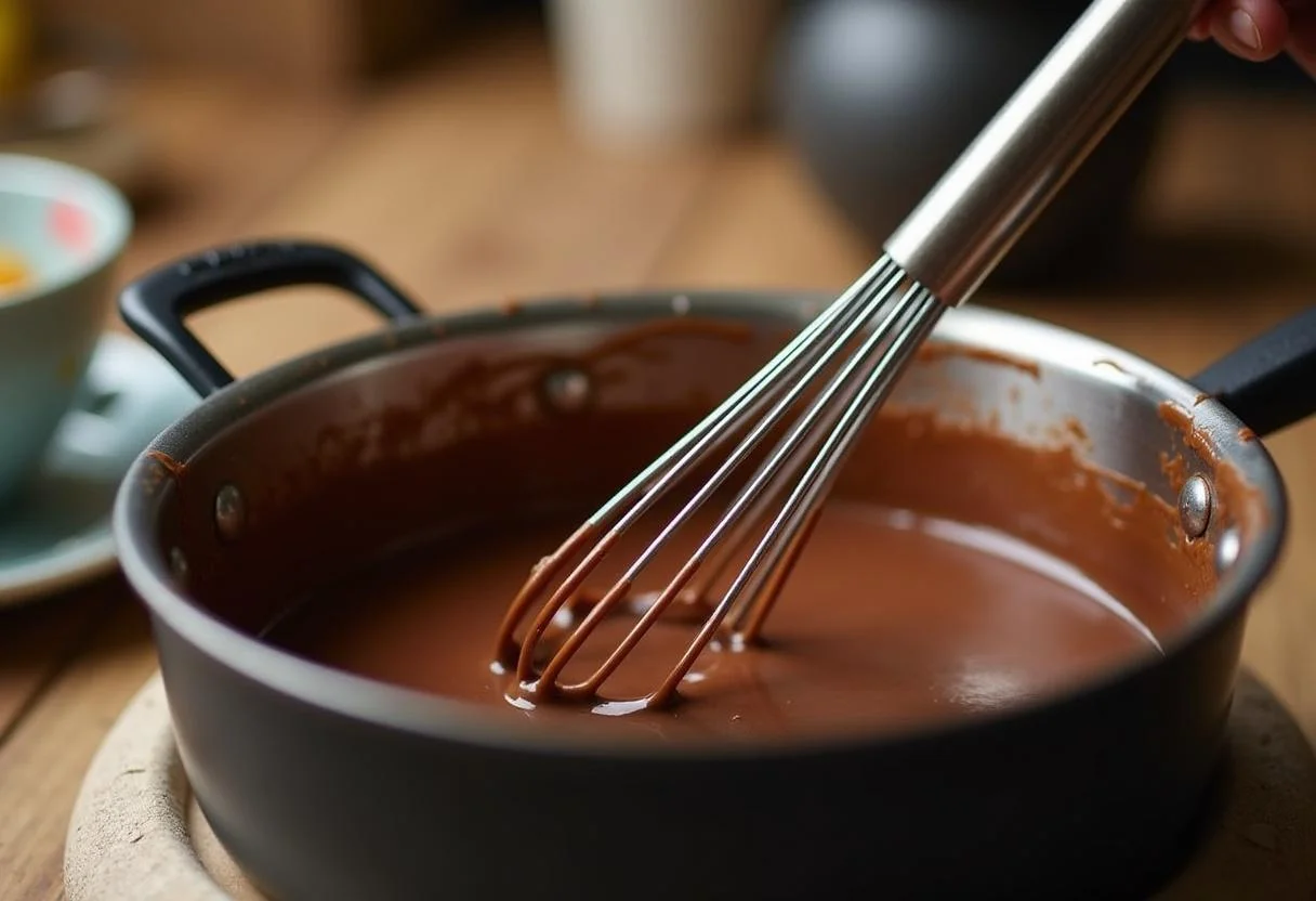 Whisking melted chocolate daim in hot milk for a smooth hot chocolate.