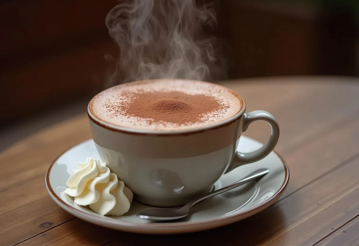 Preparing a cup of rich chocolate daim hot chocolate with whipped cream.