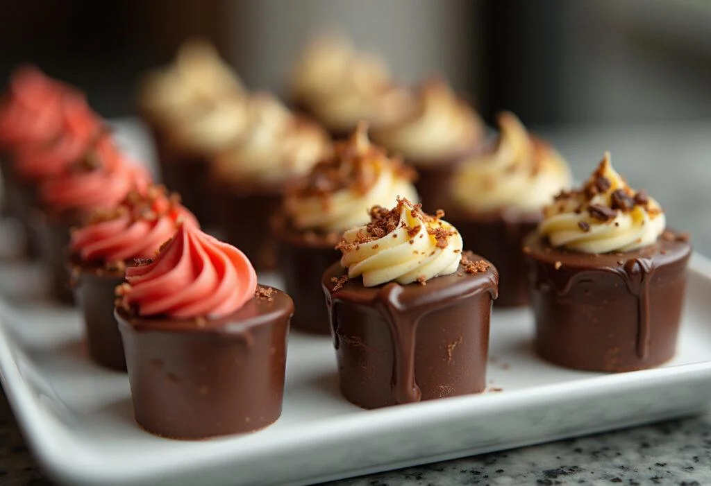 Prato de shot chocolate crocante aerado decorado, perfeito para festas.